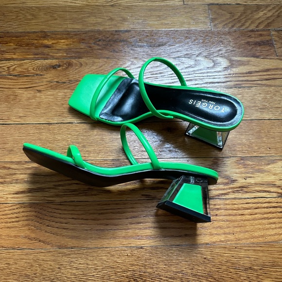 Torgeis Shoes - Torgeis Neon Green Lucite Asymmetrical Block Heel Strappy Sandals